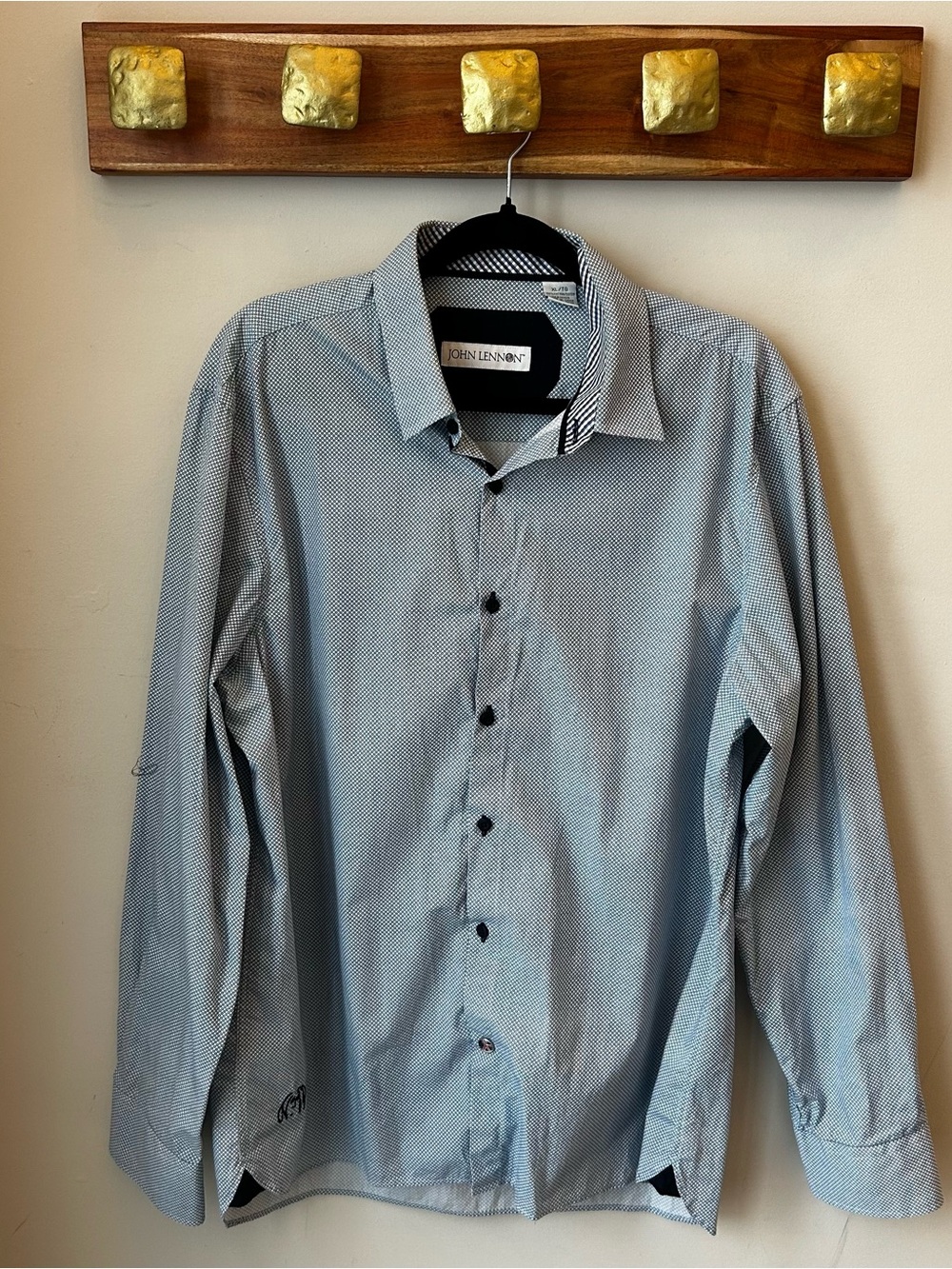 John Lennon Men’s XL Blue button up shirt Geometric pattern peace cuff